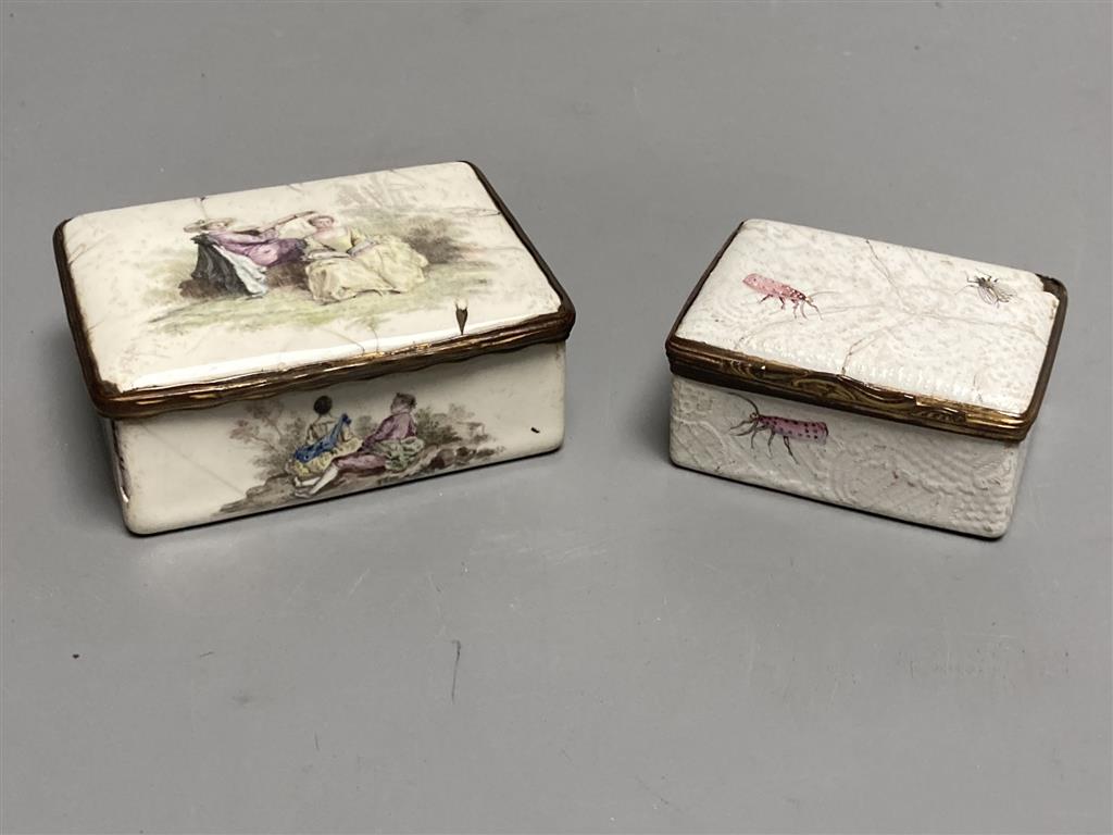 Two 18th century white enamelled snuff boxes, largest 8.5cm.